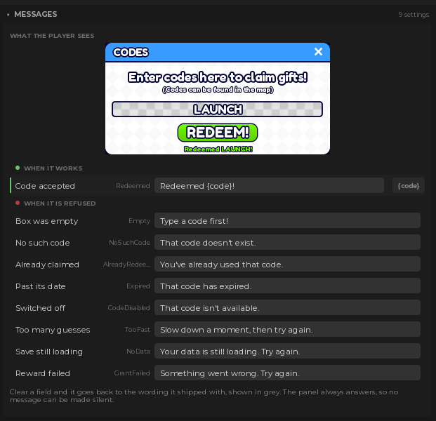 The Messages settings, with a live preview of the Codes menu above them