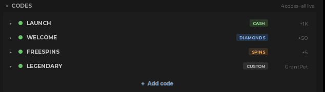 The Codes list in the plugin