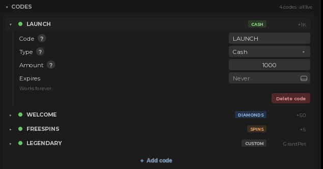 A single code expanded, showing its fields