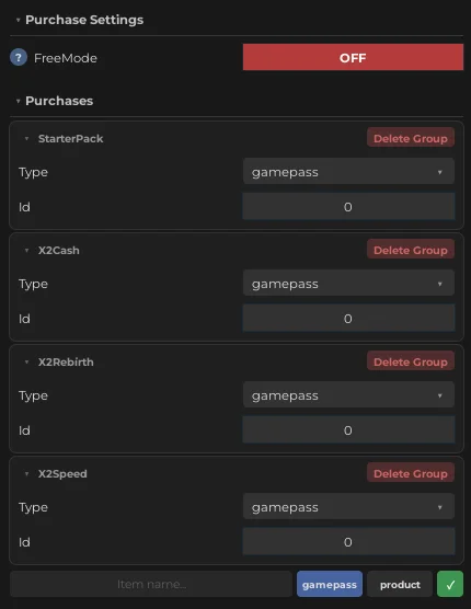 Purchase Settings panel