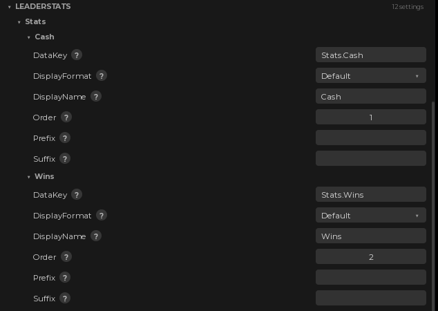 The Leaderstats section in the plugin, one stat open with its data key, display name, order and number format