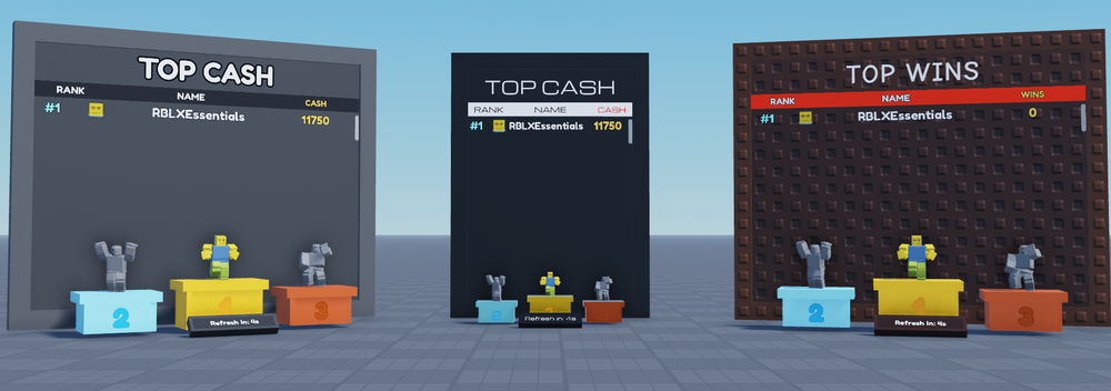 Three leaderboard templates standing side by side in the world, each with a ranked list and the top player on its podium: a grey one, a black one and a brown brick one