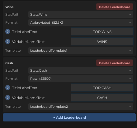 Easy Leaderstats plugin settings - Leaderboards entries
