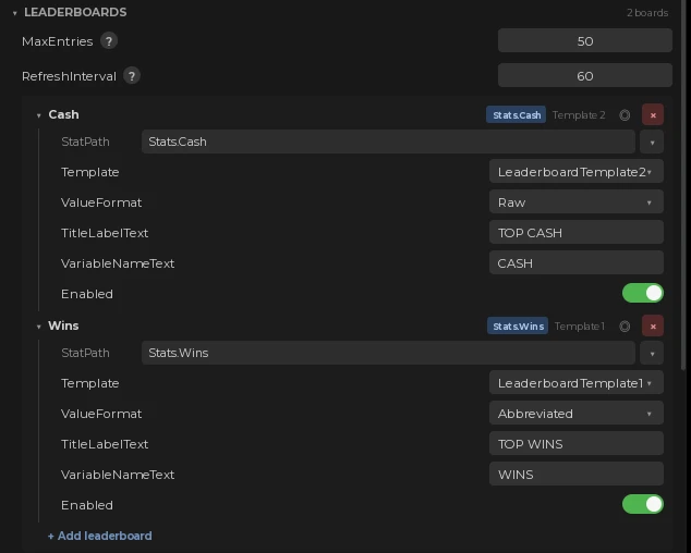 Easy Leaderstats plugin settings - Leaderboards entries