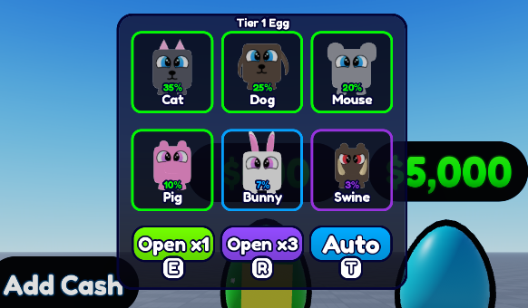 An egg's board open in game: six pets with their drop chances, and Open x1, Open x3 and Auto below them
