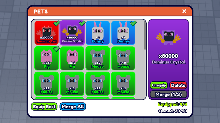 The Pets menu in game, with a card per rarity colour