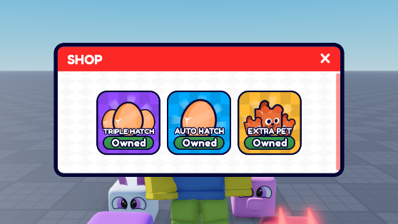 The in-game shop with Triple Hatch, Auto Hatch and Extra Pet, all three showing Owned
