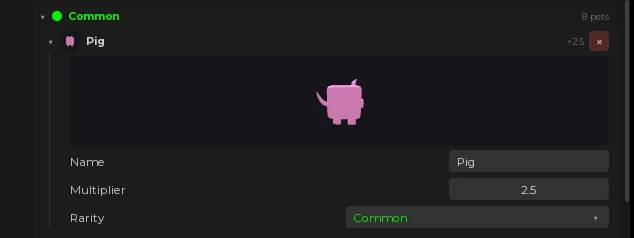 A pet previewed in 3D inside the plugin, above its name, multiplier and rarity