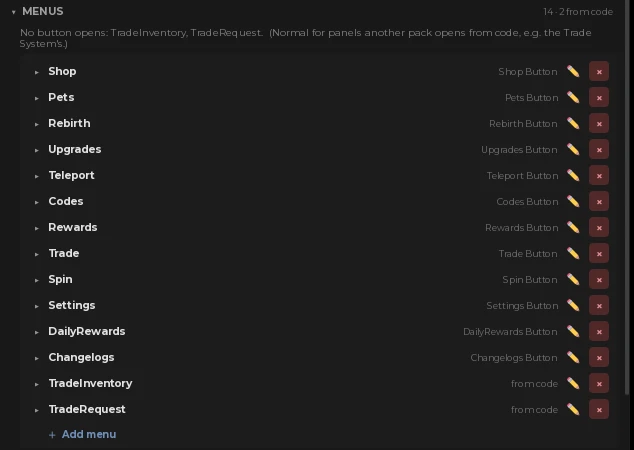 The fourteen menus listed in the plugin