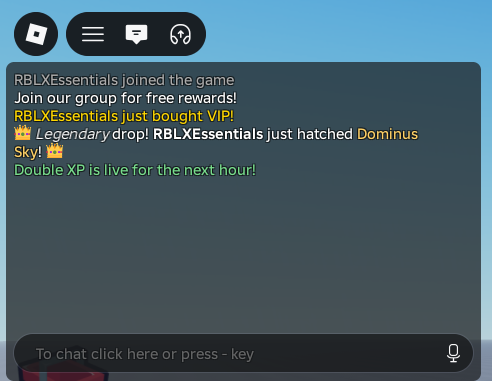 A game chat log: a player joining, a rotating announcement, a purchase and a rare drop, each in its own colour