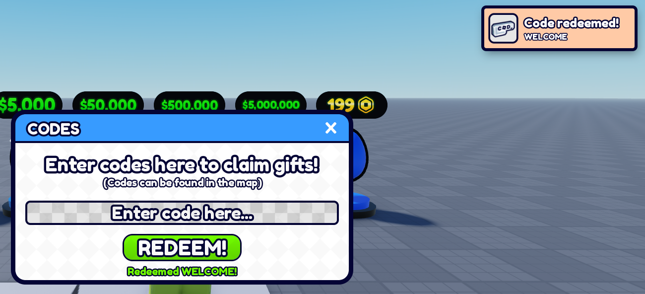 A code redeemed in the Codes menu, and the notification it raised in the corner of the screen