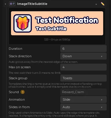 A template expanded, with its render preview and every attribute