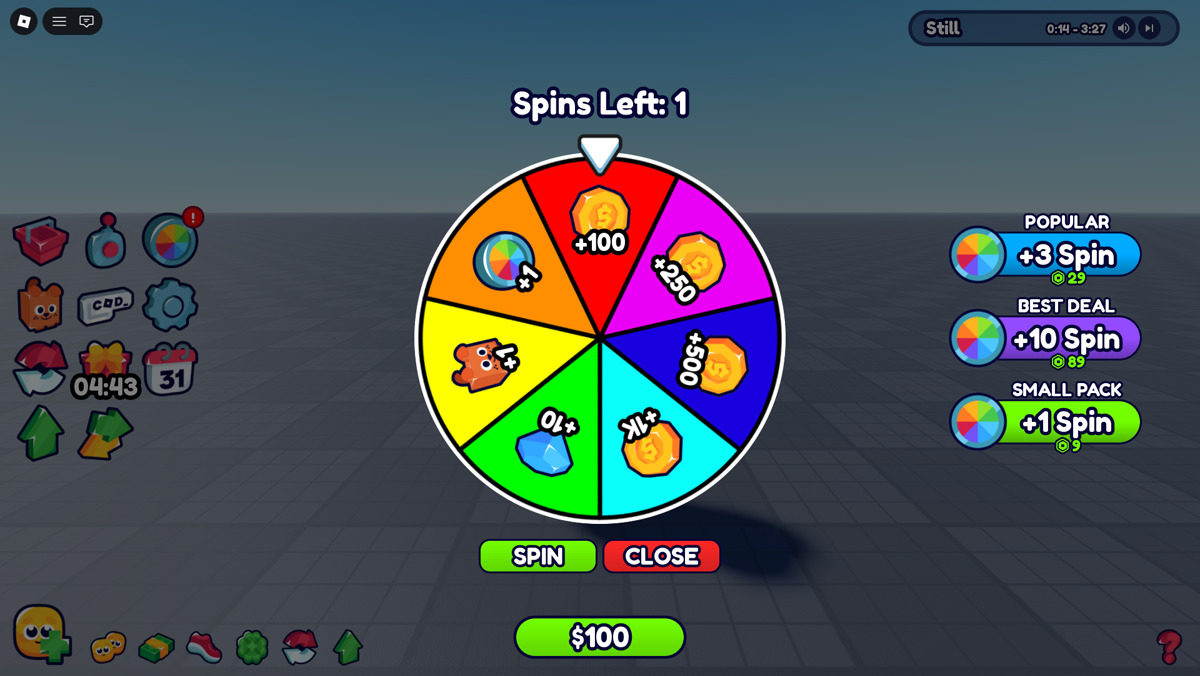 The spin wheel open inside General UI Kit's HUD, with its icon rail, pet bar and music player