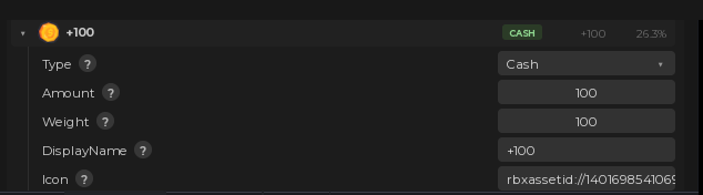 One reward slot opened in the plugin, showing type, amount, weight, display name and icon