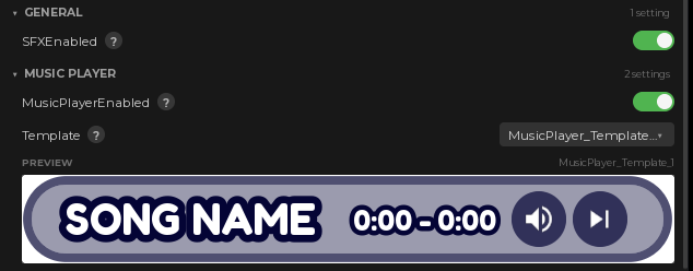 The General and Music Player sections in the plugin, with the SFXEnabled and MusicPlayerEnabled toggles, the template dropdown and a live preview of the chosen skin