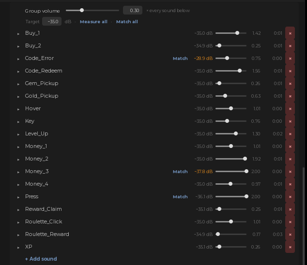 The SFX list in the plugin, every sound with a measured decibel value and a slider, three of them flagged Match