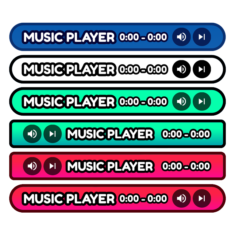The six music player skins stacked: blue, white, green, a green one with the buttons on the left, pink with the buttons on the left, and red