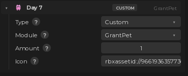 Day 7 set to a custom reward, with the GrantPet module picked from a dropdown