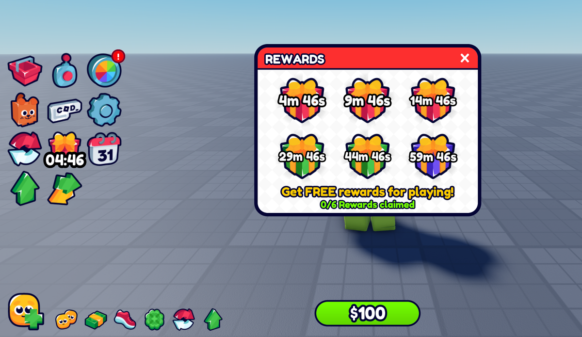 The rewards menu open inside General UI Kit's HUD, its countdown on the icon rail beside the other packs